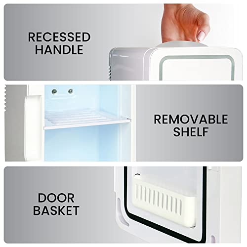 Koolatron 6L Cosmetic Mini Fridge for Bedrooms 12V Compact Portable Vanity Small Car Refrigertor for Makeup Skincare Beauty Fridges with Dimmable LED Light Mirror Ideal for Girls Kids Desk Home White