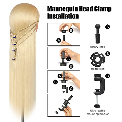 Trainingsköpfe, 28 inch Frisierkopf für Frisöre 100% Synthetikfaser-Haar Übungskopf,mit DIY Stricken Kit und kostenlose Tabelle Clips (Blond)
