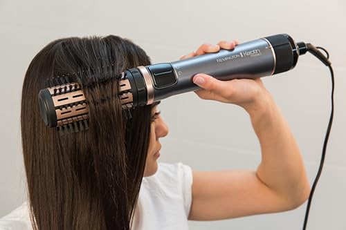 Remington Warmluftbürste rotierend [automatisch] Keratin Protect (inkl.3 Aufsätze: 2 Rundbürsten+Haaransatz-Booster für mehr Volumen) + Haarklammern, Keramikbeschichtung mit Mandelöl, AS8811,Grau