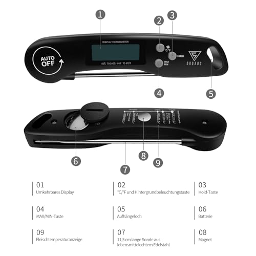 DOQAUS Fleischthermometer Grillthermometer Digitales Bratenthermometer Thermometer Kochen Küchenthermometer mit 3s Sofortiges Auslesen, Langer Sonde und LCD Bildschirm, Auto ON/Off für Küche,Grill,BBQ