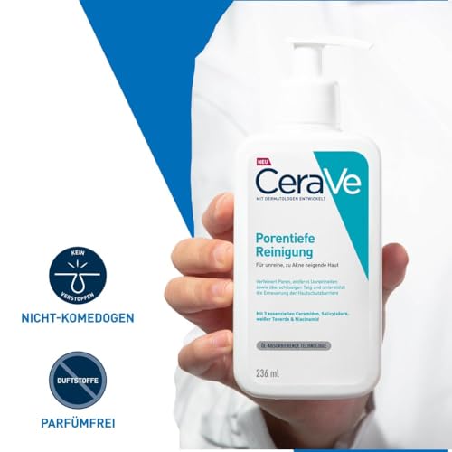 CeraVe Schäumendes Reinigungsgel für das Gesicht, Porentiefe Reinigung bei unreiner und zu Akne neigender Haut, Mit Salicylsäure, weißer Tonerde und Niacinamid, 236 ml [Die Verpackung kann variieren]
