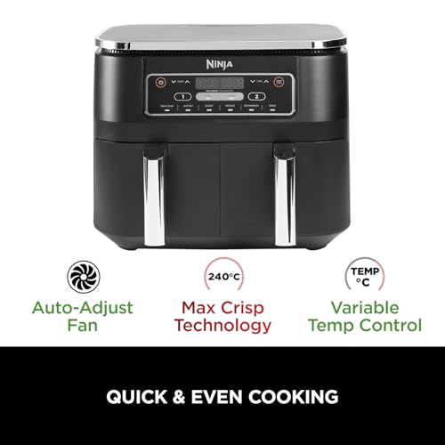 Ninja Foodi Dual Zone Digital Air Fryer, 2 Drawers, 7.6L, 6-in-1, Uses No Oil, Air Fry, Max Crisp, Roast, Bake, Reheat, Dehydrate, Cooks 4-6 Portions, Non-Stick, Dishwasher Safe Baskets, Black AF300UK