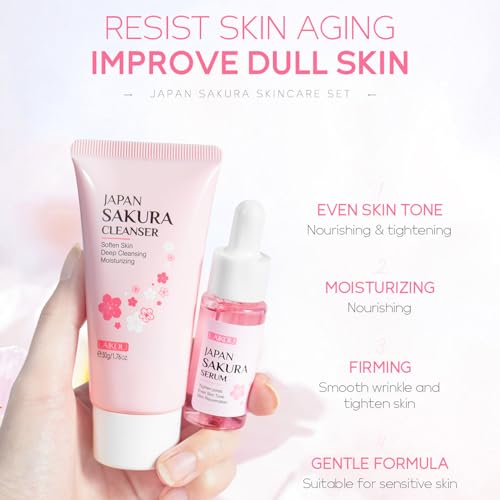 Rosarden Sakura Geschenke Set für Teenager-Mädchen und Frauen, Feuchtigkeitspflege Hautpflege Set, Gesichtspflege Set mit Cleanser, Serum, Augencreme und Creme (4-tlg)