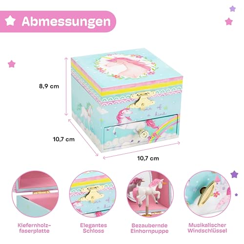 Jewelkeeper Schmuckkästchen Mädchen mit Drehendem Einhorn, Musik-Schatulle, Spieluhr Mädchen, Schmuckaufbewahrung, Regenbogendesign mit Schubladen - Einhorn Liebhaber Geschenk