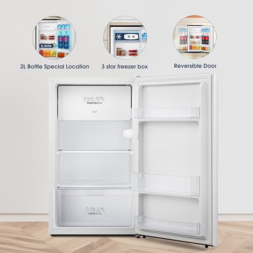 Fridgemaster MUR4894E 82L Under Counter Fridge with LED Lighting, Adjustable Temperature Control, Reversible Door and 3 star Ice Box, White, E rated