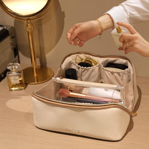Prite Große Kapazität Kosmetiktasche Tragbare Reise Make Up Tasche wasserdichte PU-Leder Schminktasche oder Kulturbeutel mit Transparente Trenner und Griff(Beige L)