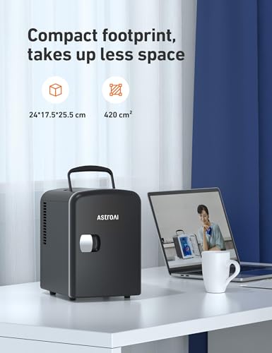 AstroAI Mini Fridge 4 Litre, 6 Can Portable AC+DC Power Cooler, for Bedrooms, Cars, Offices; Skincare, Makeup, Cosmetics, Food (Black)