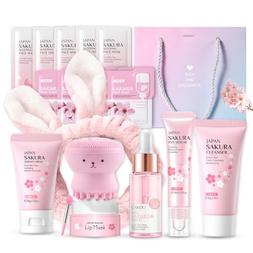 Sakura Sakura Gesichtspflege Set 11pcs Feuchtigkeit Hautpflege Sets-Serum, Gesichtscreme,Reiniger,Toner,Augenserum, Mask,Schlammmaske, Geschenke Set für Gesicht Reinigung & Pflege (Rosa lila)