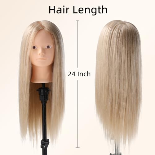 Frisierkopf 70% Echthaar Übungskopf 24 Zoll Frisierkopf Friseure Trainingsköpfe für Friseure zum Frisieren und Schminken Ausbildung Kopf Mit Halter + DIY Haare Set