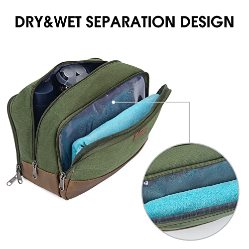 WANDF Kulturtasche für Herren Reise-Kulturtasche,Dopp-Kit aus Canvas,Wasserabweisende vegane Ledertasche für Rasierutensilien und Toilettenartikel (Grün)