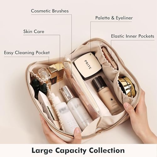 Prite Große Kapazität Kosmetiktasche Tragbare Reise Make Up Tasche wasserdichte PU-Leder Schminktasche oder Kulturbeutel mit Transparente Trenner und Griff(Beige L)