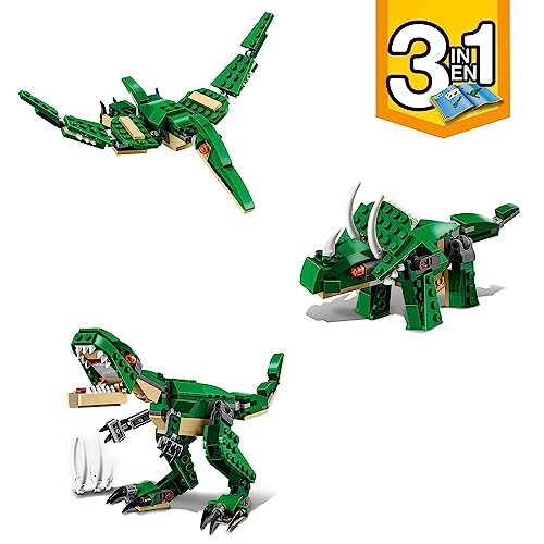 LEGO 31058 Creator Mighty Dinosaurs Toy, 3 in 1 Model, T. rex, Triceratops and Pterodactyl Dinosaur Figures, Gifts for 7-12 Year Old kids, Boys & Girls