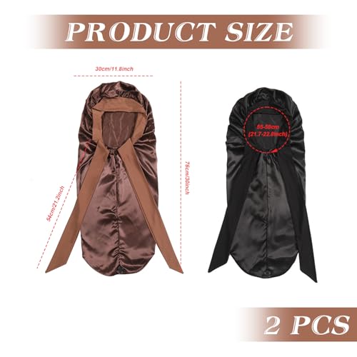 Satin Haarhaube Extra Lange Seiden Schlafhauben für Damen Verstellbar Satin Schlafmütze mit Elastisches Band Seiden Haarhaube zum Schlafen Haarhaube für Langes Lockiges Haar Zopf (Schwarz,Braun, 2Pcs)