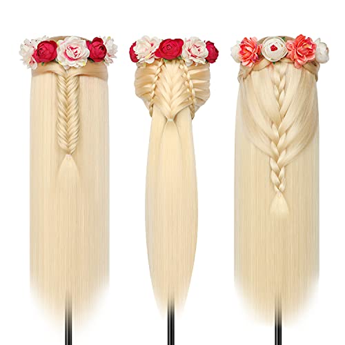 Trainingsköpfe, 28 inch Frisierkopf für Frisöre 100% Synthetikfaser-Haar Übungskopf,mit DIY Stricken Kit und kostenlose Tabelle Clips (Blond)