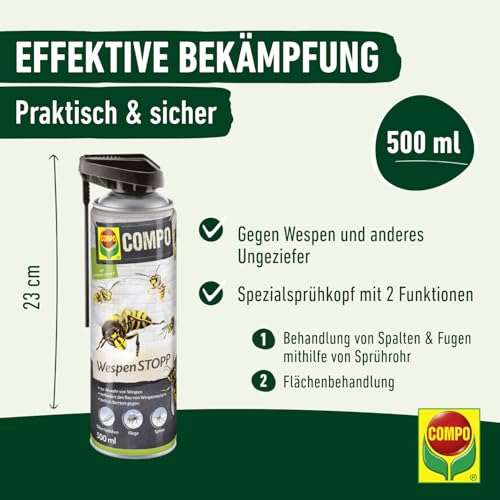 COMPO WespenSTOPP – Wespenspray mit Sprührohr – wirkt gegen Wespen und Wespennester – Sofort- und Langzeitwirkung – Wespenspray – 500 ml, Grün