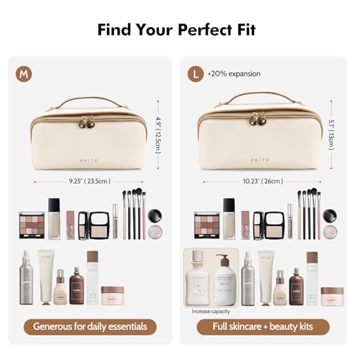 Prite Große Kapazität Kosmetiktasche Tragbare Reise Make Up Tasche wasserdichte PU-Leder Schminktasche oder Kulturbeutel mit Transparente Trenner und Griff(Beige L)