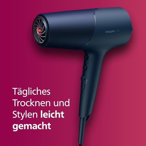 Philips Haartrockner 5000 Series, ThermoShield Technologie, Ionisierungsfunktion, 2.300 W, Metallic-Blau, mit 9-mm- und 11-mm-Stylingdüse, Volumendiffusor, BHD510/20