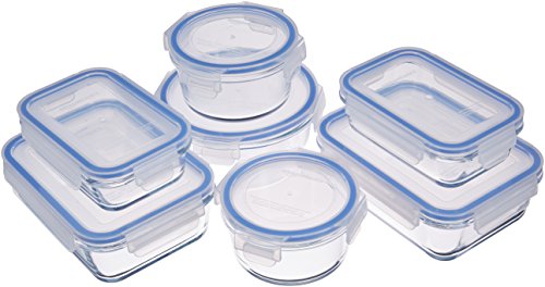 Amazon Basics Auslaufsichere Glasbehälter mit Verschlussdeckeln zur Lebensmittelaufbewahrung, 14-teiliges Set, 7 Behälter und 7 Kunststoffdeckel, Transparent, Blau, BPA-frei