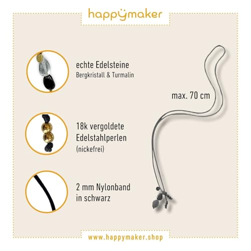 happymaker - Schwarzer Turmalin Kette mit Bergkristall, Stoffband mit 18k vergoldeten Perlen und echten Edelsteinen, Turmalin und Bergkristall Anhänger, lange Kette Damen, handgefertigt in Deutschland