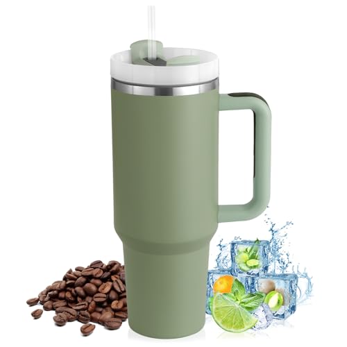 PRAOAHEI 40oz Thermobecher mit Strohhalm und Henkel,1180 ML Doppelwandiger Edelstahl Heiße Kalte Getränke Vakuum Trinkbecher, Kaffeebecher für Zuhause Reisen Matchagrün