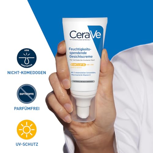 CeraVe Feuchtigkeitscreme für das Gesicht mit LSF 50, Creme für trockene bis sehr trockene Haut, Tagescreme mit Hyaluron und 3 essenziellen Ceramiden, 52 ml