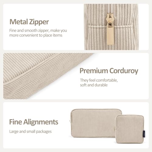MAGEFY 2 Pcs Kleine Make up Tasche für Handtasche, Cord Make up Tasche mit Fächern Reise Make up Tasche für Mädchen Frauen (Beige)