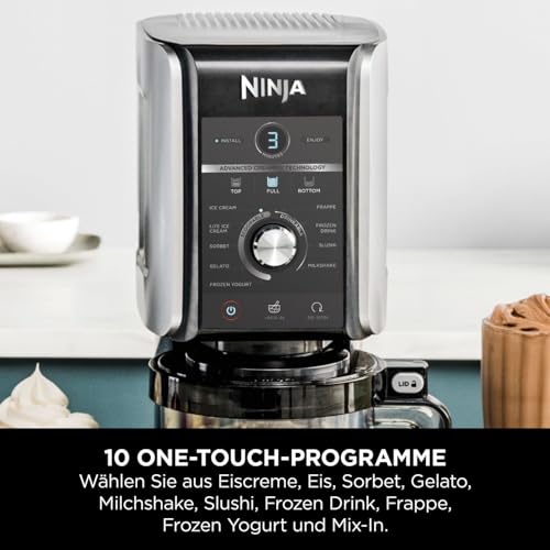 Ninja CREAMi Deluxe Eismaschine mit 3 Behältern, 10 Funktionen, Dessert & Ice Cream Maker für Eiscreme, Sorbet, Frozen Joghurt, Milchshakes, Slushi, 2-in-1 Geschmacksoption, Silber, NC501EU