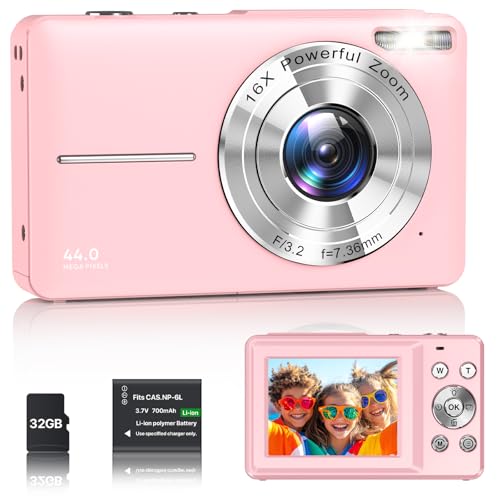 Digitalkamera 1080P Fotokamera 44MP Kamera Fotoapparat Tragbare Kompaktkamera mit 2,4" LCD Bildschirm, 16X Digitalzoom, 32G Micro Speicherkarte, 1 Akku für Kinder Teenager Student Anfänger-Rosa