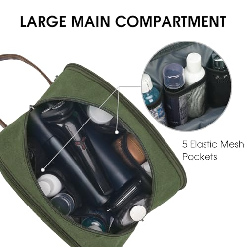 WANDF Kulturtasche für Herren Reise-Kulturtasche,Dopp-Kit aus Canvas,Wasserabweisende vegane Ledertasche für Rasierutensilien und Toilettenartikel (Grün)