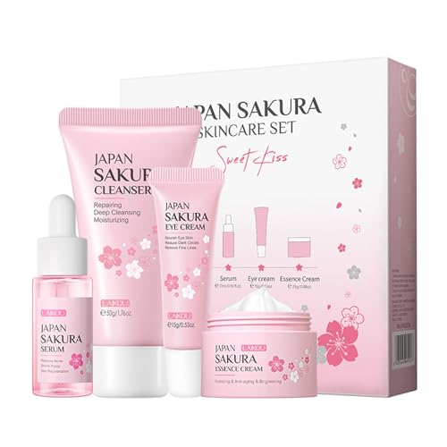 Rosarden Sakura Geschenke Set für Teenager-Mädchen und Frauen, Feuchtigkeitspflege Hautpflege Set, Gesichtspflege Set mit Cleanser, Serum, Augencreme und Creme (4-tlg)