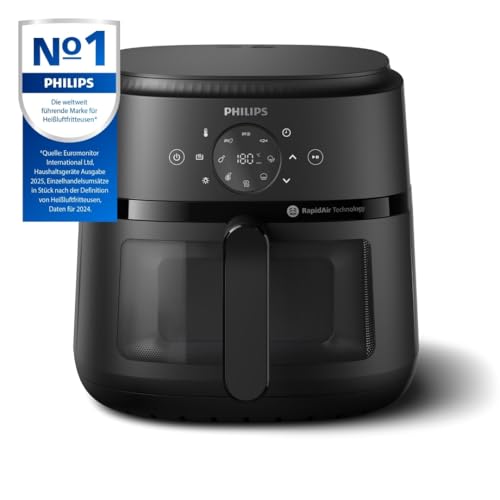 Philips Airfryer 2000 Serie – 13 Zubereitungsmöglichkeiten, 6,2 l, kompaktes Design mit Kochfenster, RapidAir-Technologie, Braten mit bis zu 90% weniger Fett, leicht zu reinigen (NA230/00)