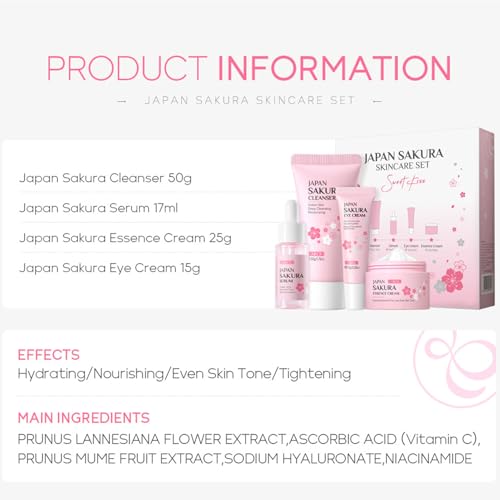 Rosarden Sakura Geschenke Set für Teenager-Mädchen und Frauen, Feuchtigkeitspflege Hautpflege Set, Gesichtspflege Set mit Cleanser, Serum, Augencreme und Creme (4-tlg)