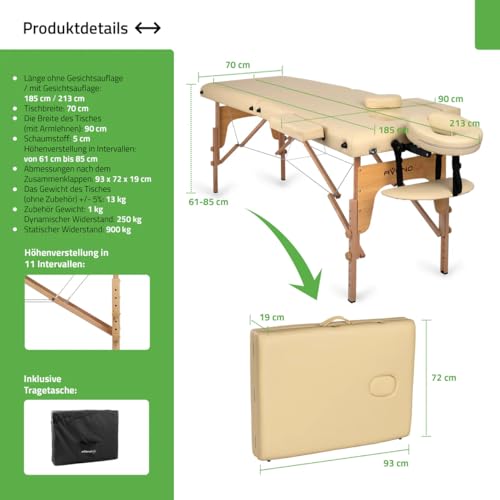HABYS Sofia Light Massageliege | Klappbar Holz 2 Zonen | Massagetisch mit Vollausstattung | 185 x 60 x 85 cm, bis 250 kg | Armlehnen, Kopfstütze, Tragetasche, MDR-Zertifiziert | Beige