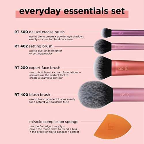 Real Techniques Everyday Essentials + Make-up-Schwamm-Set, Make-up-Pinsel und Make-up-Mixer-Schwamm, für Foundation, Rouge, Bronzer, Lidschatten und Puder, 5-teiliges Set - Image 4