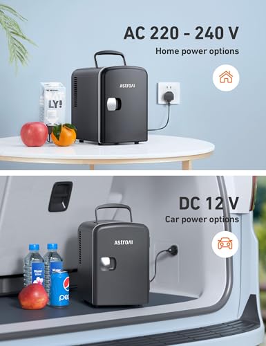 AstroAI Mini Fridge 4 Litre, 6 Can Portable AC+DC Power Cooler, for Bedrooms, Cars, Offices; Skincare, Makeup, Cosmetics, Food (Black)