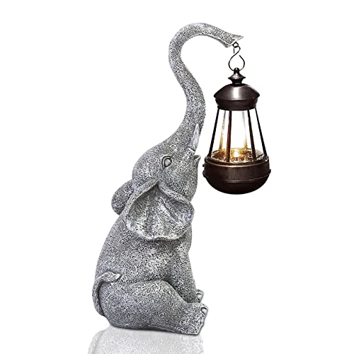 Yeomoo Elefanten Deko mit Solar Laterne Gartenfiguren - für Außen Gartendeko mit Wetterfest LED Solarlampe für Balkon Garten, Geschenke für Frauen Männer Mama Geburtstagsgeschenk Grau