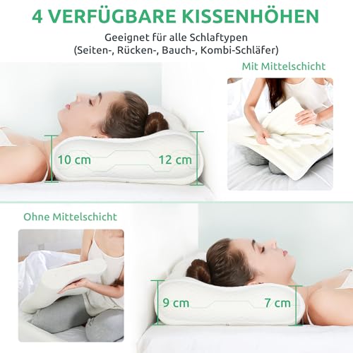 UTTU Memory Foam Kissen, Kopfkissen zur Linderung von Nackenschmerzen, Ergonomisches Nackenkissen Sandwichkissen, verstellbares Memory Schaum Kissen 60x36x12/10cm