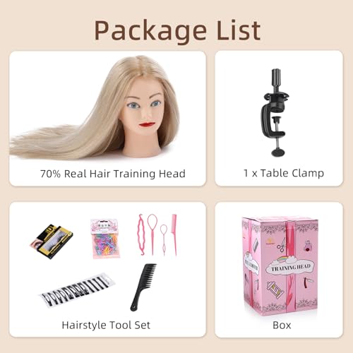 Frisierkopf 70% Echthaar Übungskopf 24 Zoll Frisieren Trainingsköpfe für Friseure Ausbildung Kopf Mit Halter + DIY Haare Set