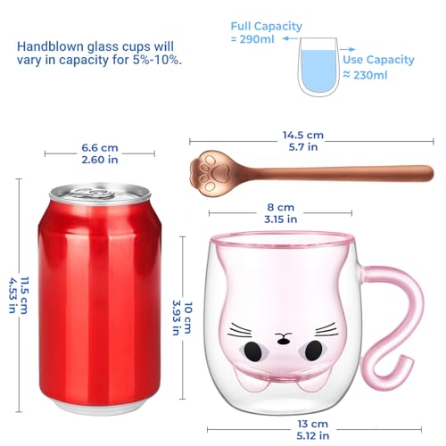 ecooe Doppelwandige Süße katze Latte Macchiato Gläser Kaffeetasse 290ml Kaffeeglas Teegläser für Cappuccino,Latte Macchiato,Tee, Milch, EIS, Bier, Geburtstag Valentinstag Geschenke für Frauen Kinder