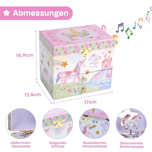 Jewelkeeper Musikalisches Schmuckkästchen Kinder Mädchen - Einhorn Schmuckkasten mit Glitzer Regenbogen - Zwei Schubladen - Schmuckdose Kinder - Fördert Kreativität - The Beautiful Dreamer Melodie