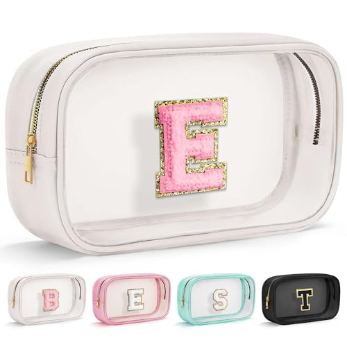 Parima Durchsichtige Kosmetiktasche für Mädchen - Weiß Kosmetiktaschen Wasserdicht Transparent Kulturbeutel Damen Reiseutensilien Geschenke für Mädchen Frauen Geschenke Kosmetiktasche mit Buchstaben E