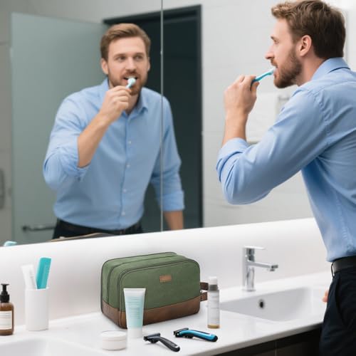 WANDF Kulturtasche für Herren Reise-Kulturtasche,Dopp-Kit aus Canvas,Wasserabweisende vegane Ledertasche für Rasierutensilien und Toilettenartikel (Grün)