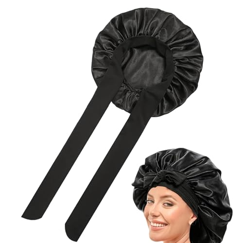 Seidenhaube zum Schlafen,Silk Bonnet,Schlafhaube Seide,Verstellbare Satin Haarhaube,Damen Satin Haarhaube,Weiche Satin Bonnet,Schwarz Seidenhaube zum Schlafen,für Damen und Mädchen