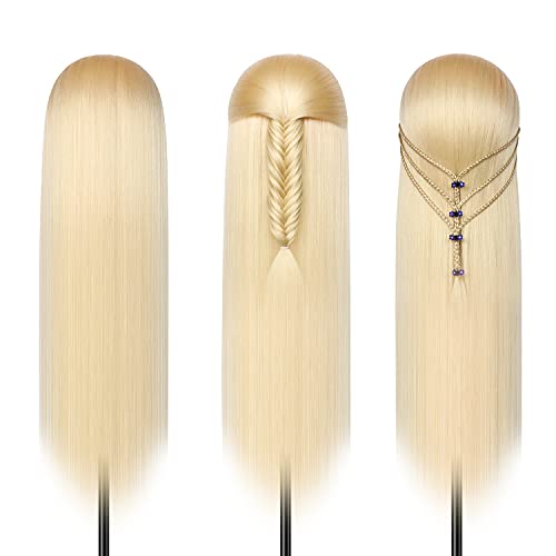 Trainingsköpfe, 28 inch Frisierkopf für Frisöre 100% Synthetikfaser-Haar Übungskopf,mit DIY Stricken Kit und kostenlose Tabelle Clips (Blond)