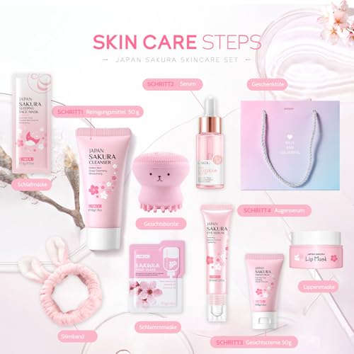 Sakura Sakura Gesichtspflege Set 11pcs Feuchtigkeit Hautpflege Sets-Serum, Gesichtscreme,Reiniger,Toner,Augenserum, Mask,Schlammmaske, Geschenke Set für Gesicht Reinigung & Pflege (Rosa lila)
