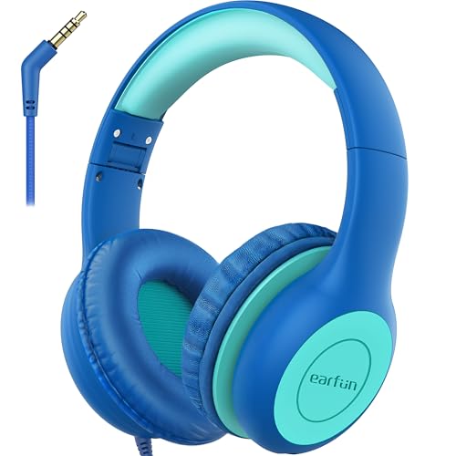 EarFun Kinder Kopfhörer, Kopfhörer Kinder mit Kabel, 85dB Lautstärkenbegrenzer, Audio-Sharing, Faltbare, Einstellbar, Stereo Sound, Over Ear Kinderkopfhörer für Schule/Tablet/PC, Blau
