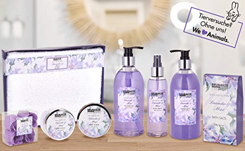 BRUBAKER Cosmetics Bade- und Dusch Set Lavendel Minze Duft - 12-teiliges Geschenkset in dekorativer Jute-Box