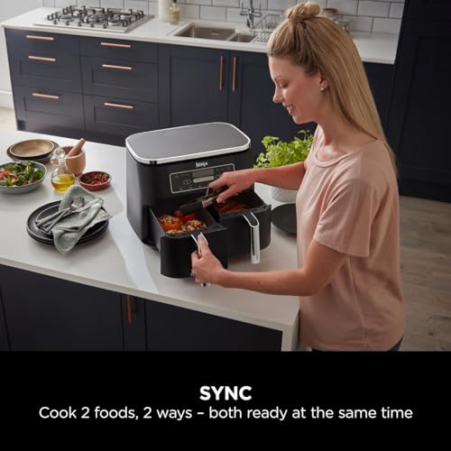 Ninja Foodi Dual Zone Digital Air Fryer, 2 Drawers, 7.6L, 6-in-1, Uses No Oil, Air Fry, Max Crisp, Roast, Bake, Reheat, Dehydrate, Cooks 4-6 Portions, Non-Stick, Dishwasher Safe Baskets, Black AF300UK