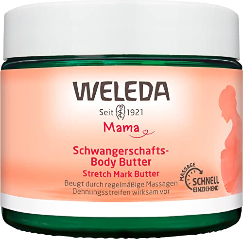 WELEDA Bio Mama Schwangerschaft Body Butter – vegane Naturkosmetik Babybauch Massage Körperbutter zur Dehnungsstreifen Vorbeugung. Hautpflege Körpercreme mit Sheabutter & Kakaobutter (1x 150ml)