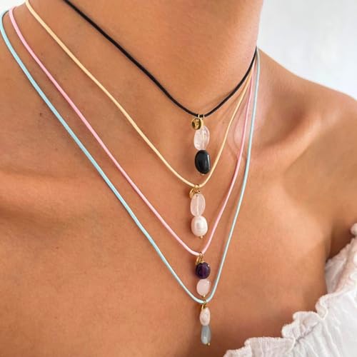 happymaker - Schwarzer Turmalin Kette mit Bergkristall, Stoffband mit 18k vergoldeten Perlen und echten Edelsteinen, Turmalin und Bergkristall Anhänger, lange Kette Damen, handgefertigt in Deutschland